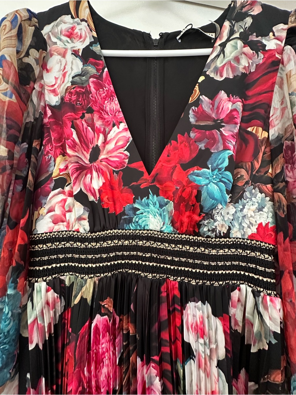 Alice + Olivia Multicolor Floral Pleated V-Neck Long Sleeve Midi Dress - Picture 8 of 9